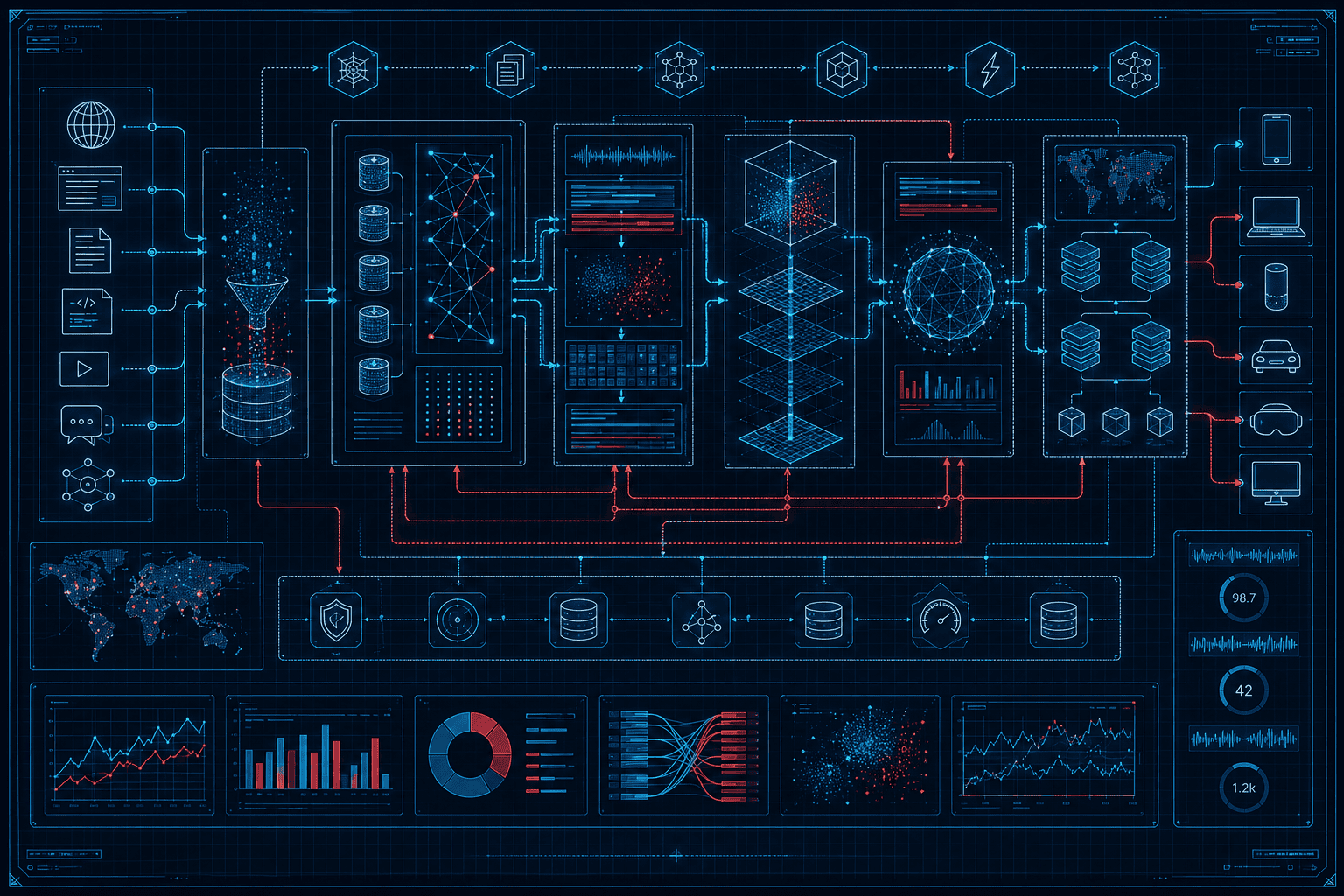 Technical schematic of Answer Engine Optimization (AEO) rendering, chunking, and crawling systems architecture.