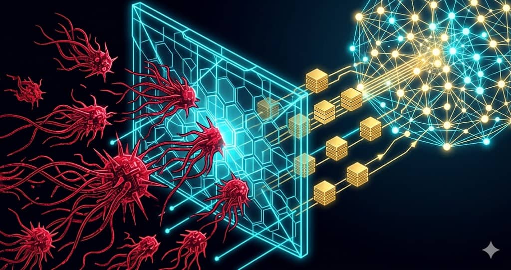Architectural diagram showing a web server blocking rogue AI scraper bots while successfully feeding structured RAG data to generative search engines.