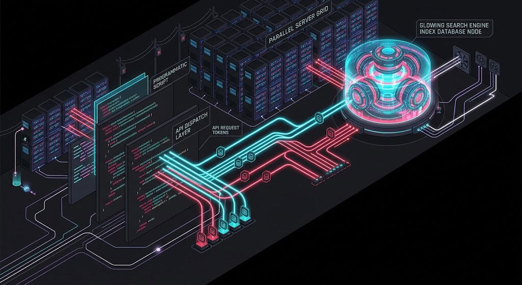 Isometric technical diagram of a bulk API indexing pipeline executing parallel multi-domain GSC requests