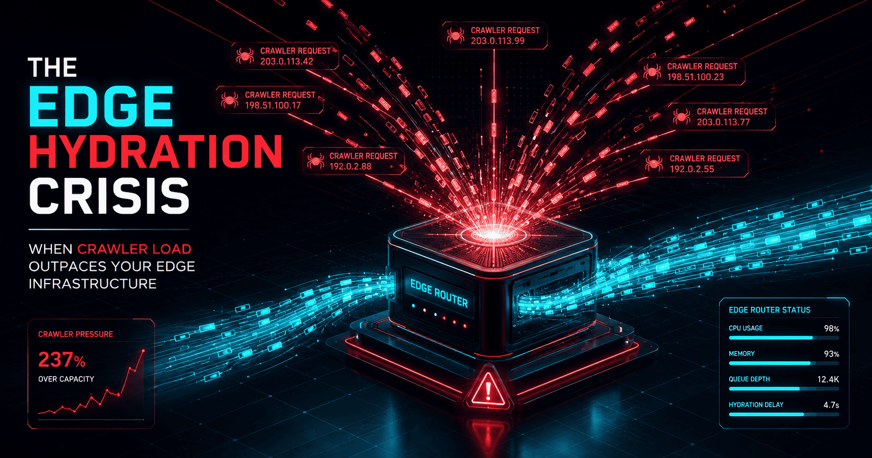 The Edge Hydration Crisis architectural mesh showing neural network edge routing nodes