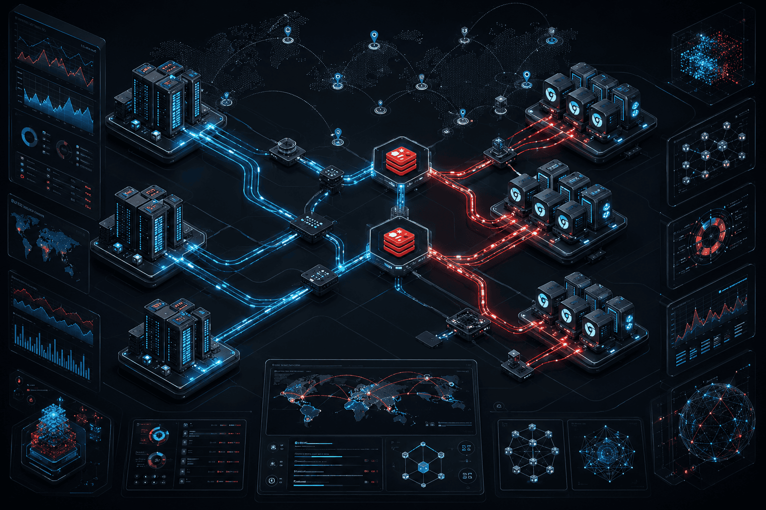 Isometric architectural blueprint of distributed edge server routing networks optimizing database latency and search crawler request pipelines.