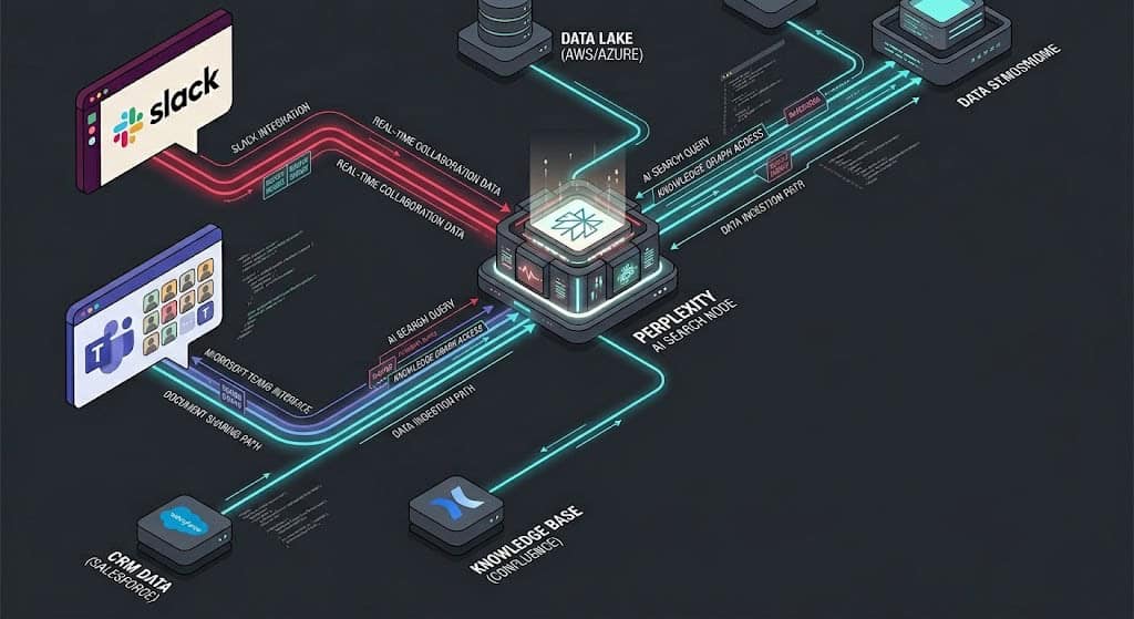Technical diagram of Slack and Teams API connectors routing data to Perplexity AI enterprise search node for B2B discovery.