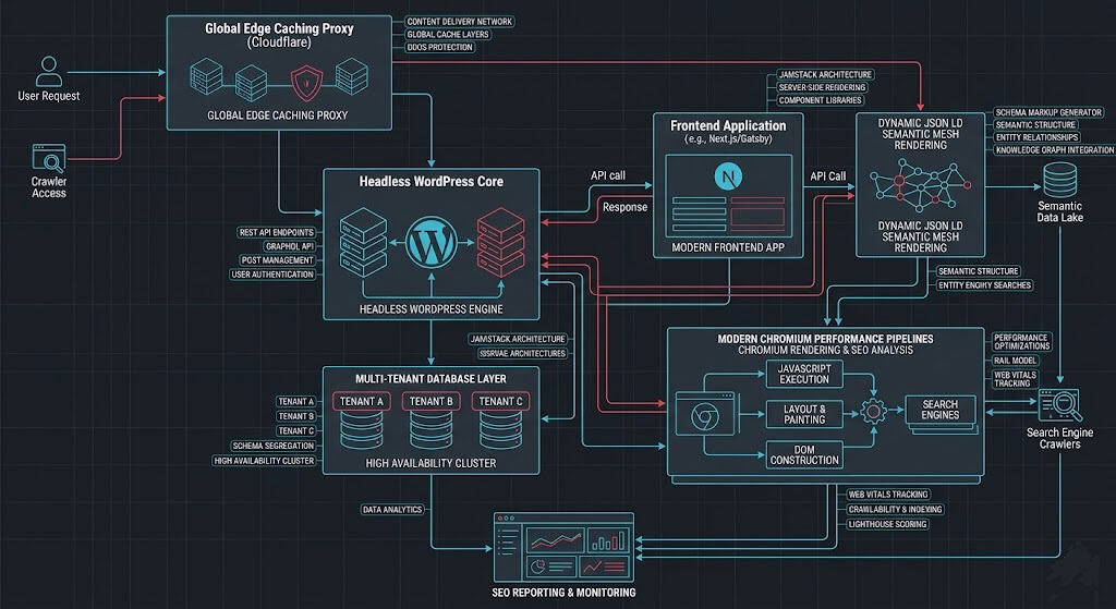 Technical schematic of enterprise WordPress SEO infrastructure showing database, caching, and rendering layers.