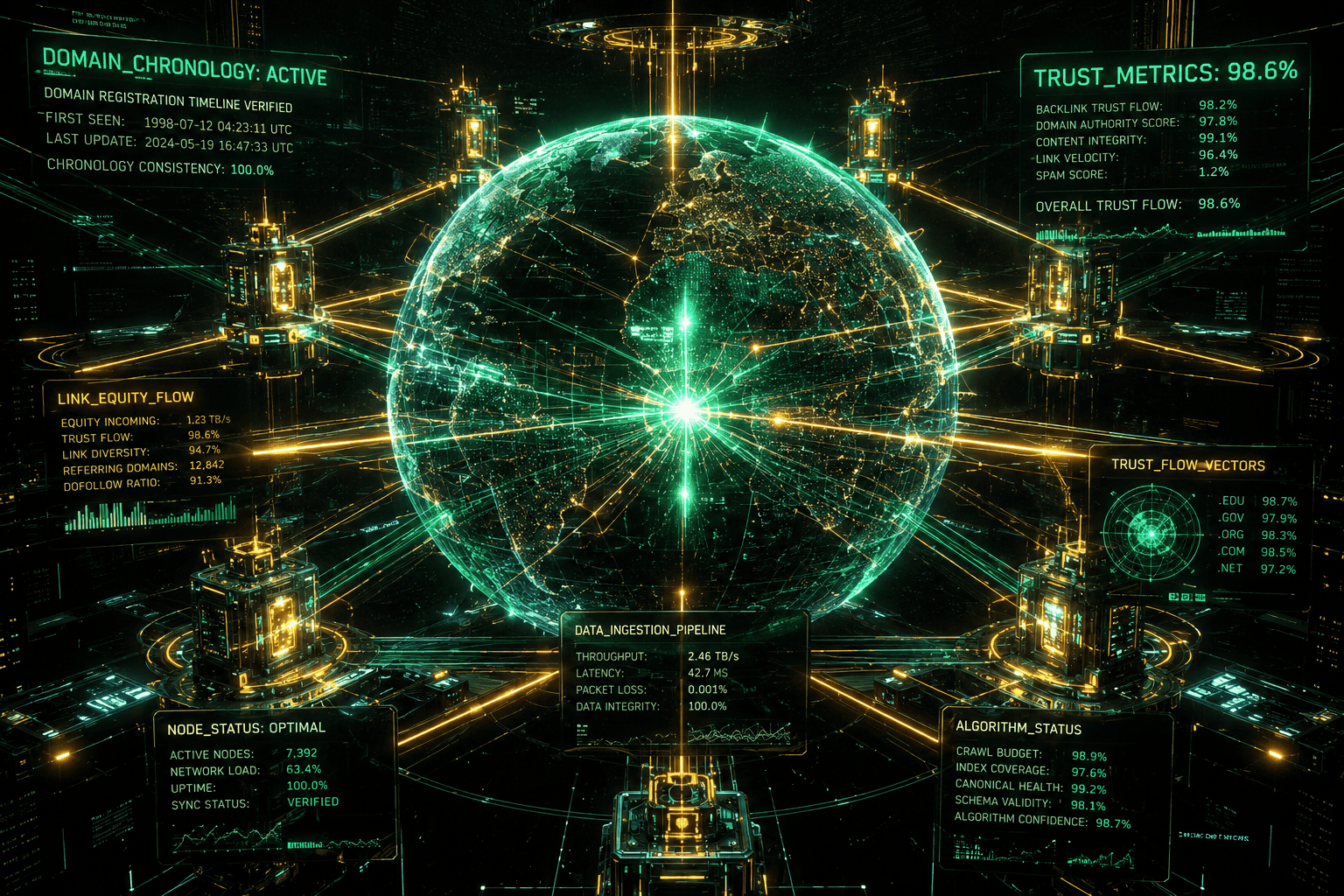 Futuristic cyberpunk holographic globe with glowing gold and mint green data connections, trust metrics dashboards, and digital network architecture in a dark cinematic laboratory environment.