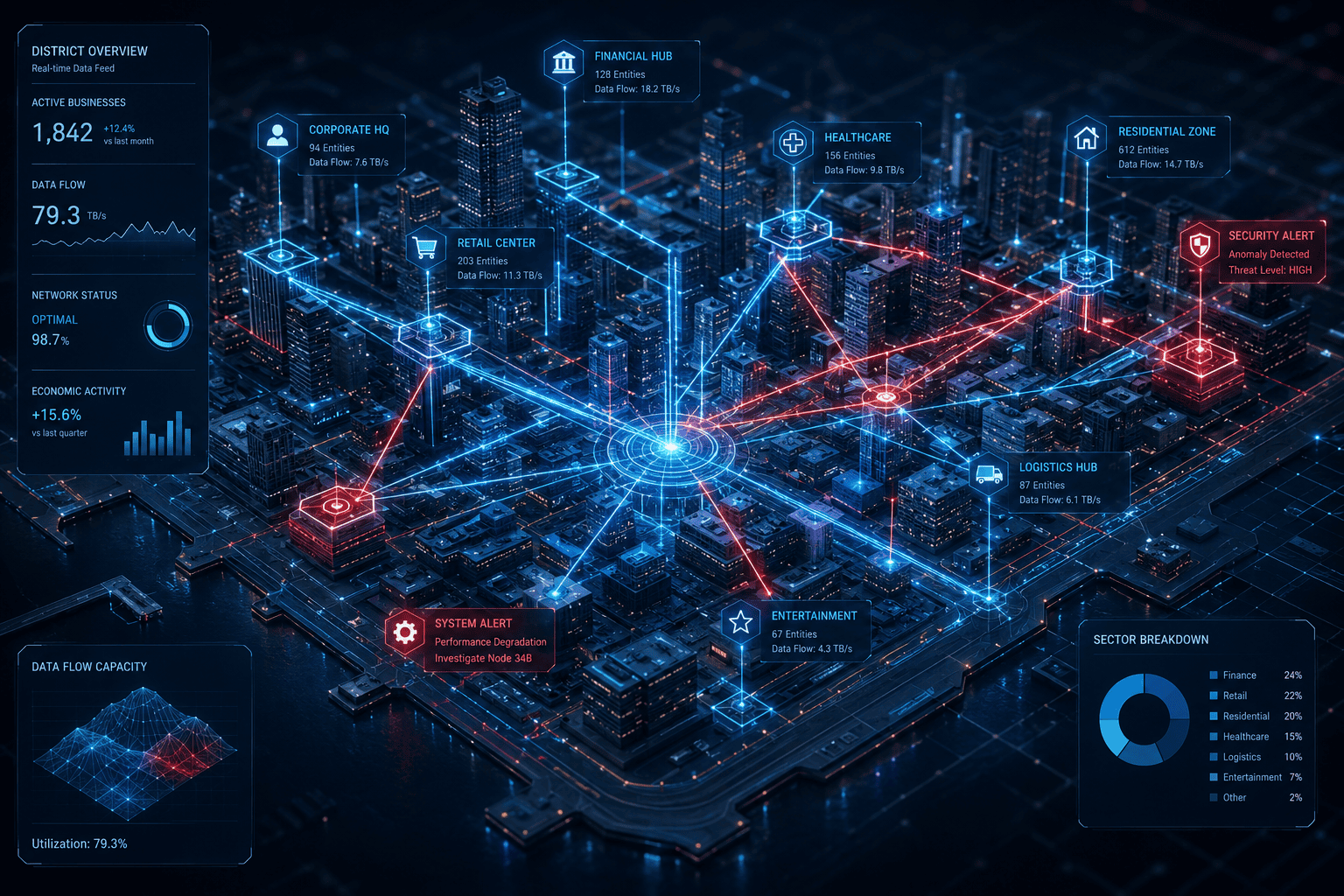 Enterprise local SEO architecture visualization showing interconnected entity nodes and real-time data streams in a smart city environment.