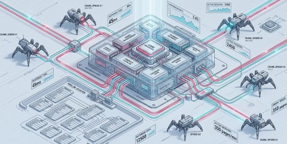 Isometric systems blueprint mapping WooCommerce SEO database indexes and edge caching nodes for search crawl efficiency.