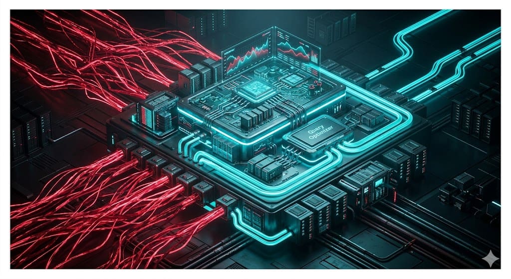 An isometric tech illustration representing WordPress database options bloat with crimson query bottlenecks and cyan caching optimizations.