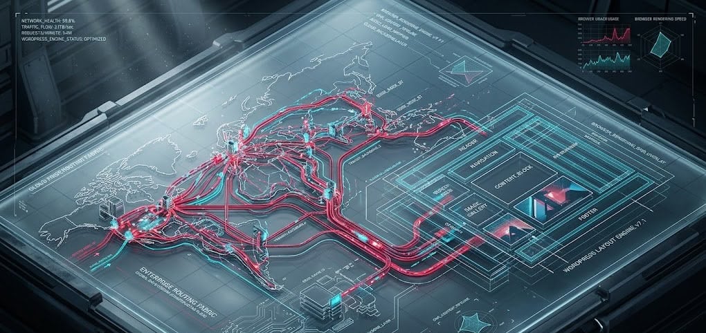 Isometric technical schematic illustrating WordPress rendering pipelines and enterprise CDN edge routing nodes.