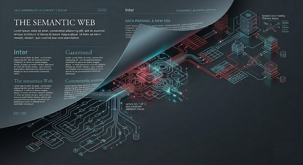 Structural blueprint showing standard HTML5 semantic elements mapped alongside an LLM crawler parsing tree for dual accessibility optimization.
