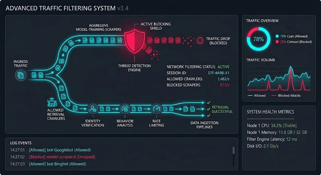 Enterprise infrastructure dashboard illustrating real-time traffic splitting between AI training scrapers and retrieval agents.