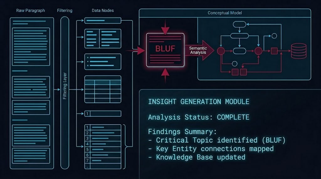 Technical blueprint showing how LLM semantic parsers ingest structured document nodes and extractable data comparison tables