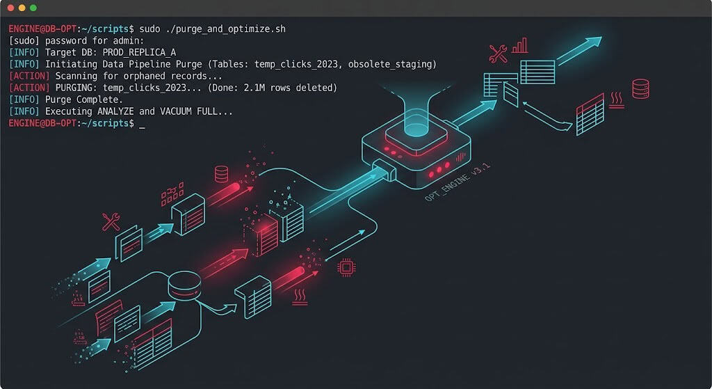 Terminal interface showcasing an enterprise database purging process to strip legacy AEO schemas and virtual llm text assets.