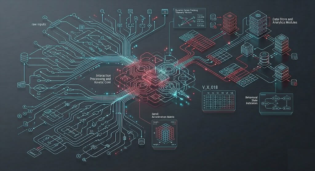 Technical blueprint illustrating user interaction telemetry tracking pathways, showing cursor acceleration vectors and dynamic layout shift points.