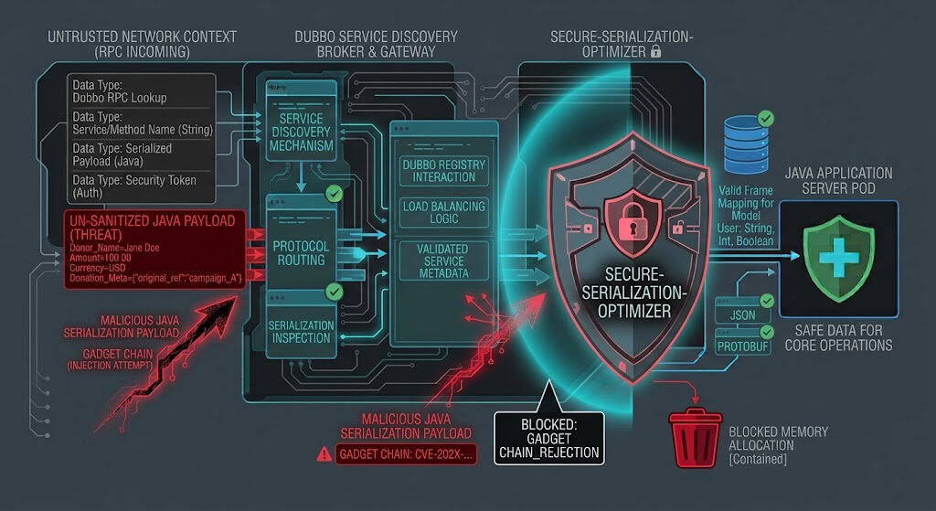 Architecture diagram depicting Apache Dubbo service discovery gateway enforcing strict serialization checks and blocking unvalidated gadget chain payloads to mitigate CVE-2026-5592.