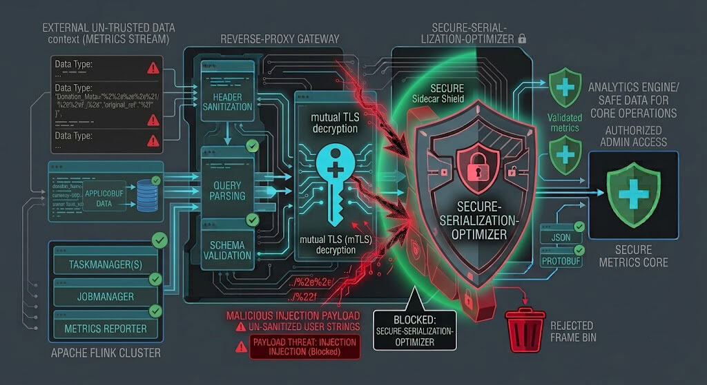 Architecture schematic showing secure mTLS-authenticated sidecar deployment protecting Apache Flink metrics endpoints.