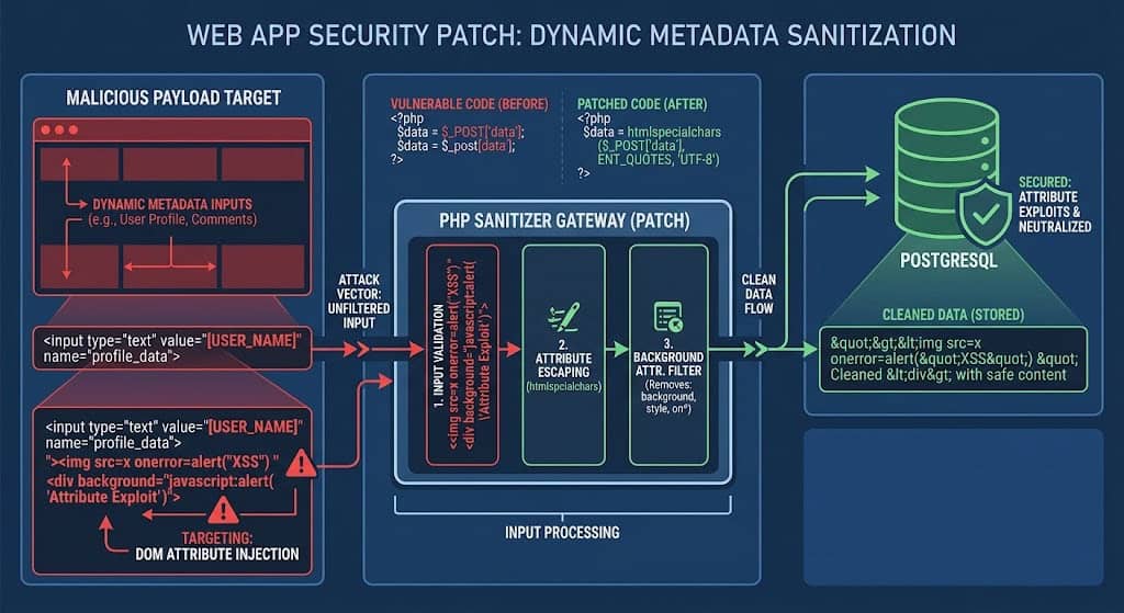Technical diagram illustrating input sanitization middleware to patch CVE-2026-3534 and prevent stored XSS in Astra dynamic page meta-boxes.