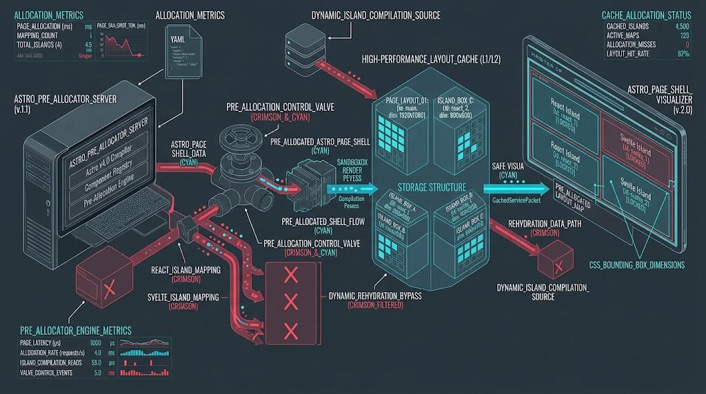 Technical layout blueprint showing server-side pre-allocated bounding wrappers for dynamic Astro components to achieve zero CLS
