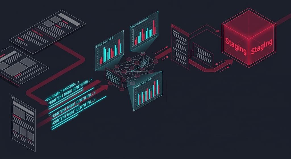 Isometric engineering schematic showing an autonomous AI crawler analyzing content density and dispatching safe staging updates to WordPress.