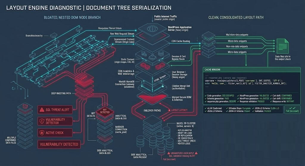 Technical representation comparing complex nested navigation hierarchies and streamlined flat DOM architectures inside modern engines.