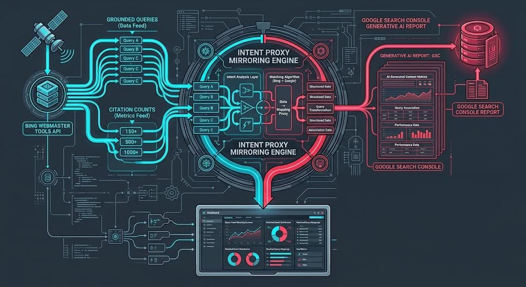 Technical pipeline schematic showing the programmatic integration of Google Search Console and Bing Webmaster Tools APIs to reverse-engineer AI search queries.
