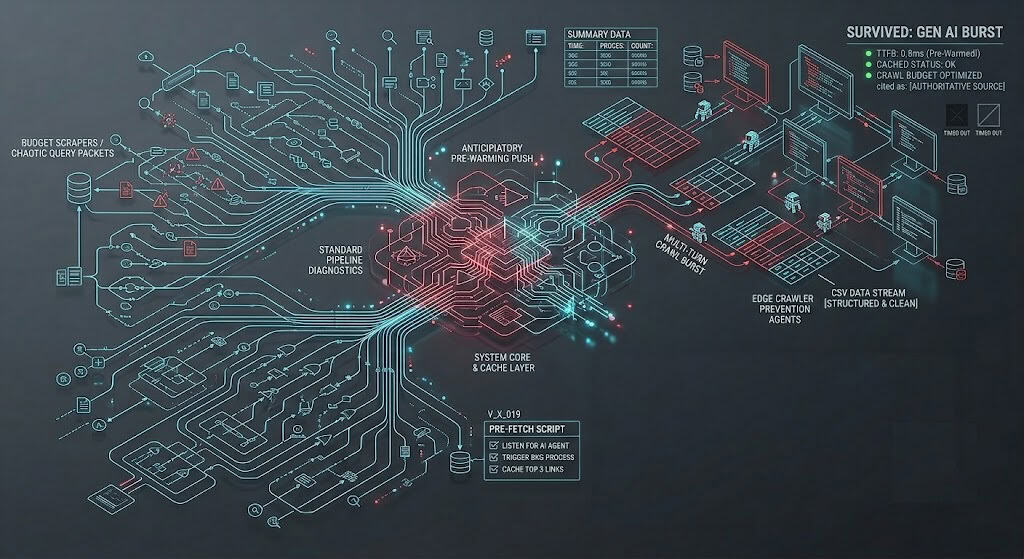 Technical schematic showcasing Cloudflare WAF edge filters dropping unauthorized budget scraper bots while permitting verified traffic.