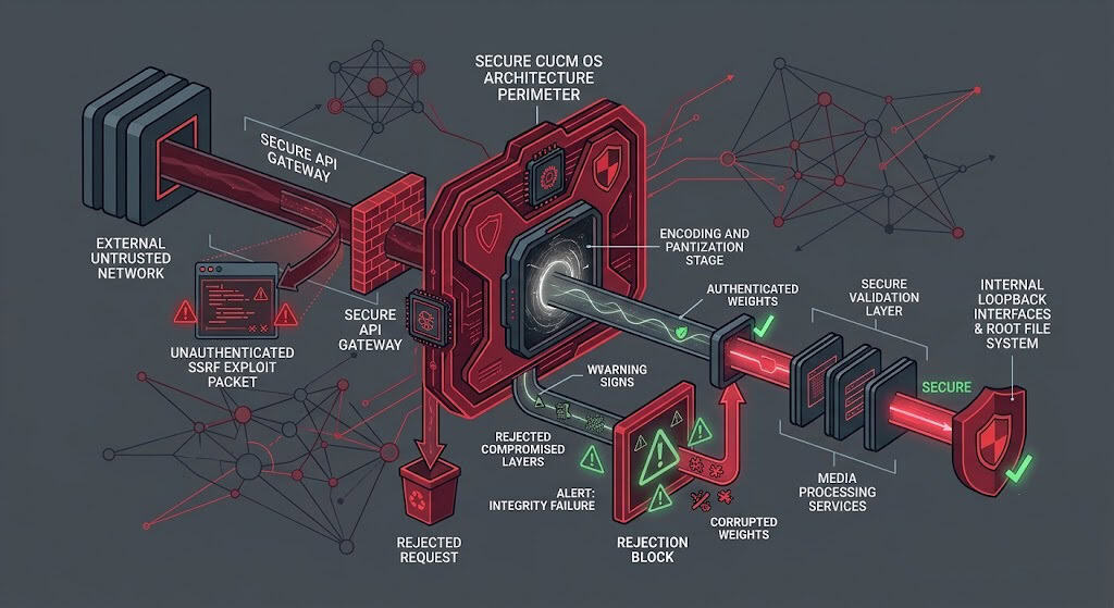 Architectural diagram showing an API gateway blocking unauthenticated Server-Side Request Forgery requests from reaching Cisco Unified CM internal network services.