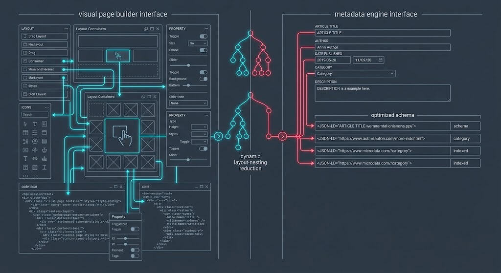 Technical comparison showing layout builder DOM noise reduction using strict custom fields for entity-attribute relationship mapping.
