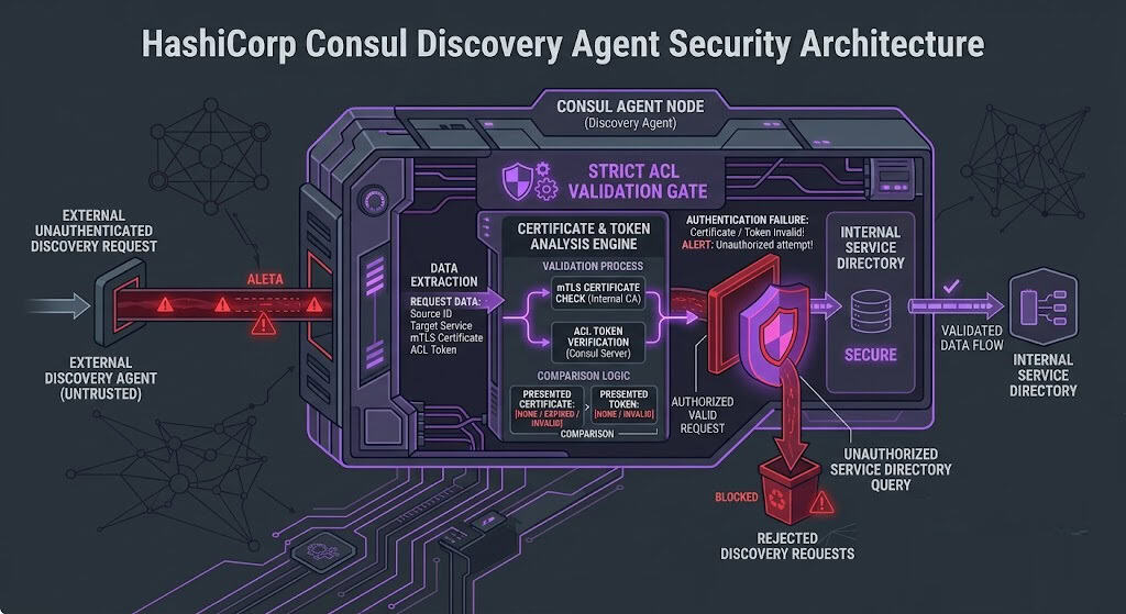 Architectural diagram showing an ACL gate blocking unauthenticated discovery requests from accessing the HashiCorp Consul agent services endpoint.