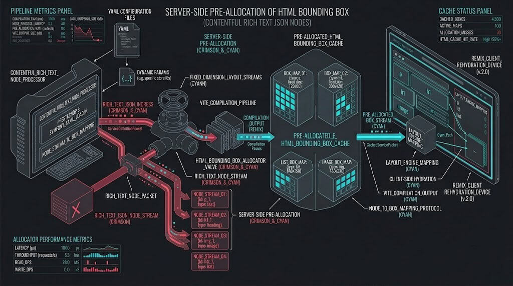 Technical layout diagram showing Contentful dynamic rich text layout pre-allocation in Remix to resolve Cumulative Layout Shift