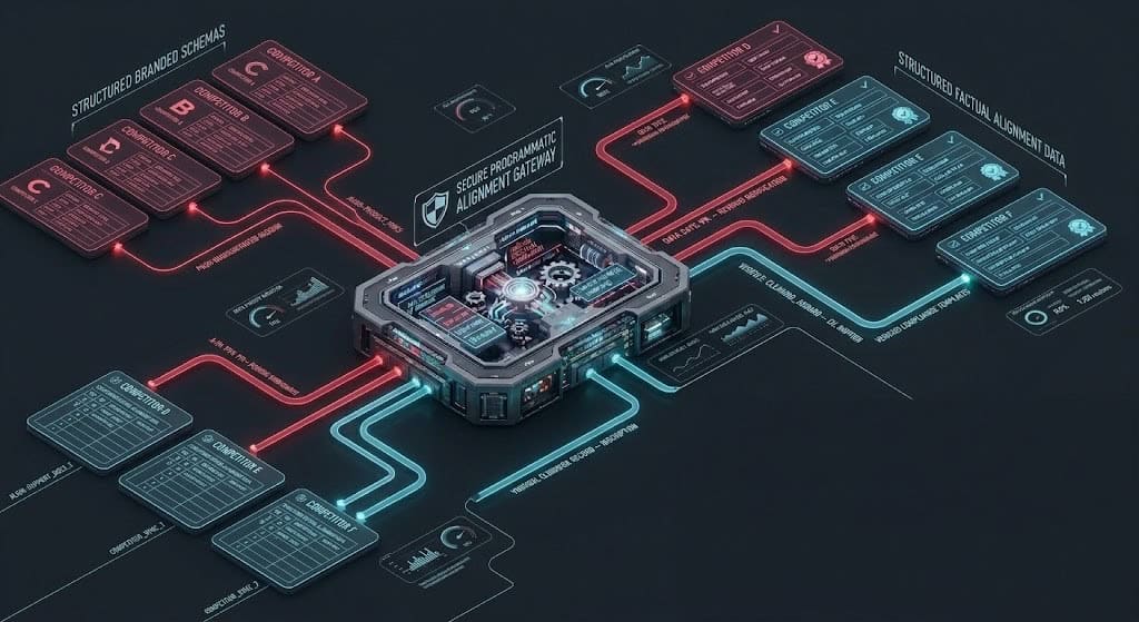 Detailed data flow diagram illustrating first-party entity nodes routing directly into dynamic generation caches to capture competitor search journeys.