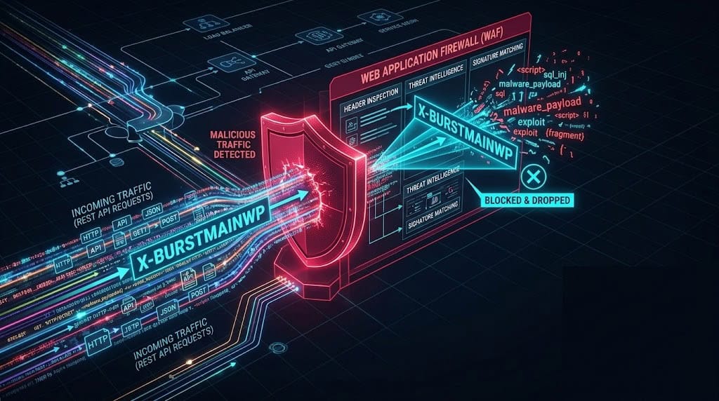 Structural diagram showing the interception of malicious X-BURSTMAINWP headers at the network edge to prevent CVE-2026-8181 exploitation.