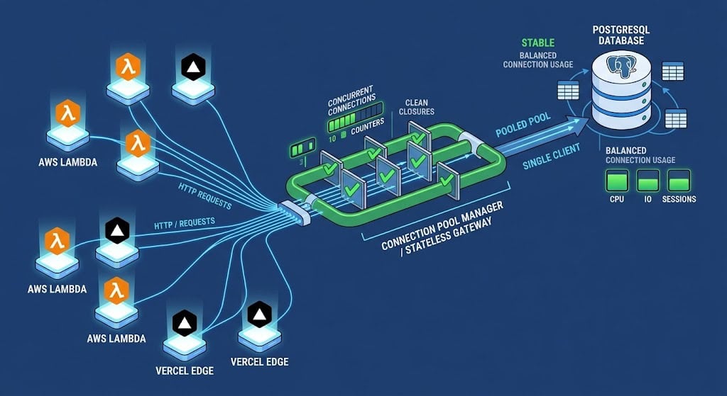 Technical diagram showing a TypeScript database connection manager preventing PostgreSQL connection leaks in serverless functions.