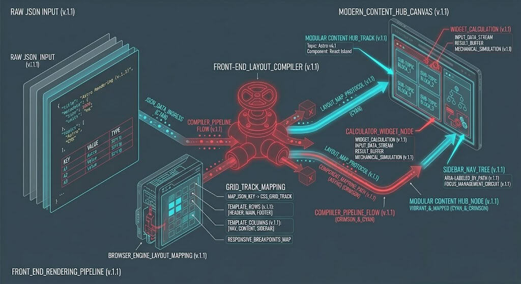Technical diagram illustrating a dynamic front-end rendering pipeline compiling structured JSON meta-arrays into responsive CSS Grid content hub structures.