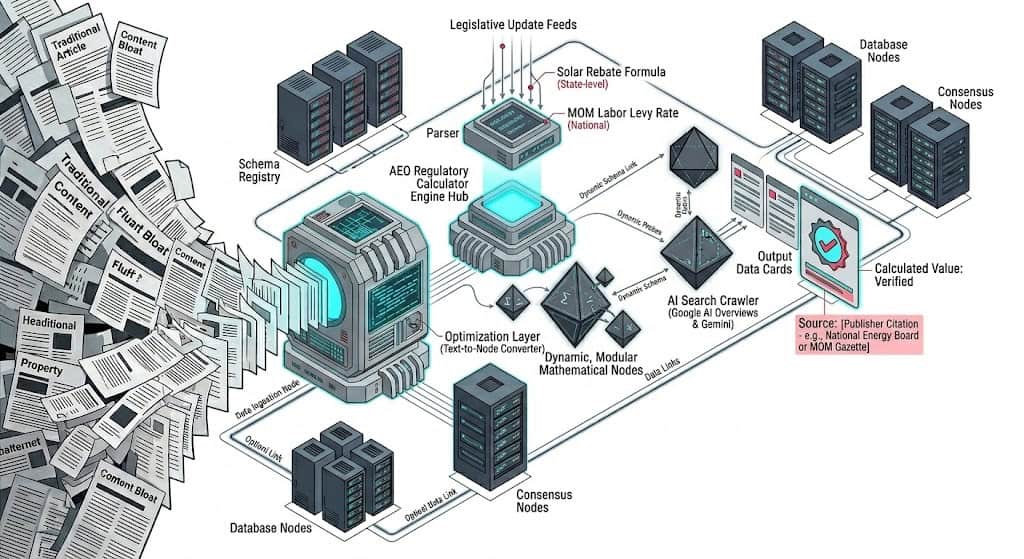 Systems diagram illustrating how dynamic regulatory calculators parse localized policy shifts and output structured, badged citations inside Google AI Overviews