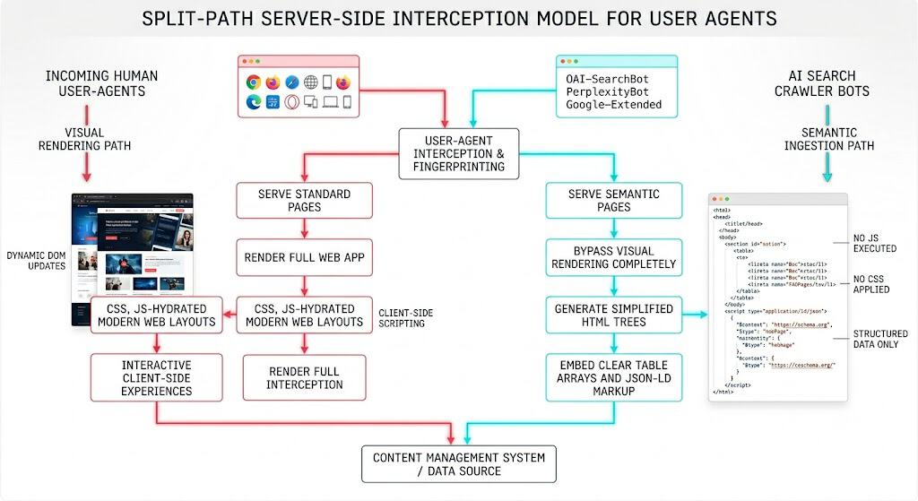 Server-side dynamic rendering architecture separating responsive layout generation for humans and flat HTML DOM outputs for AI search bots.