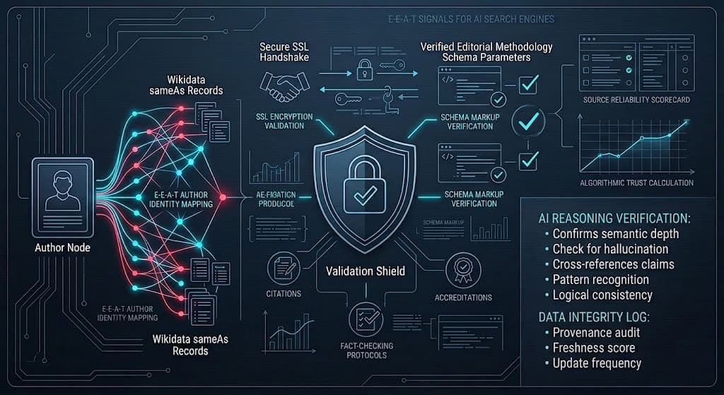 Technical blueprint illustrating E-E-A-T optimization parameters and nested JSON-LD schema structures for AI search models