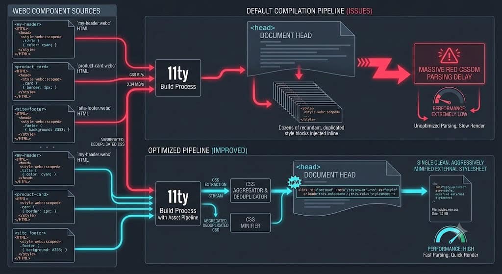 Technical illustration displaying Eleventy WebC CSS compilation pipeline deduplicating and compiling component styles into an external stylesheet.