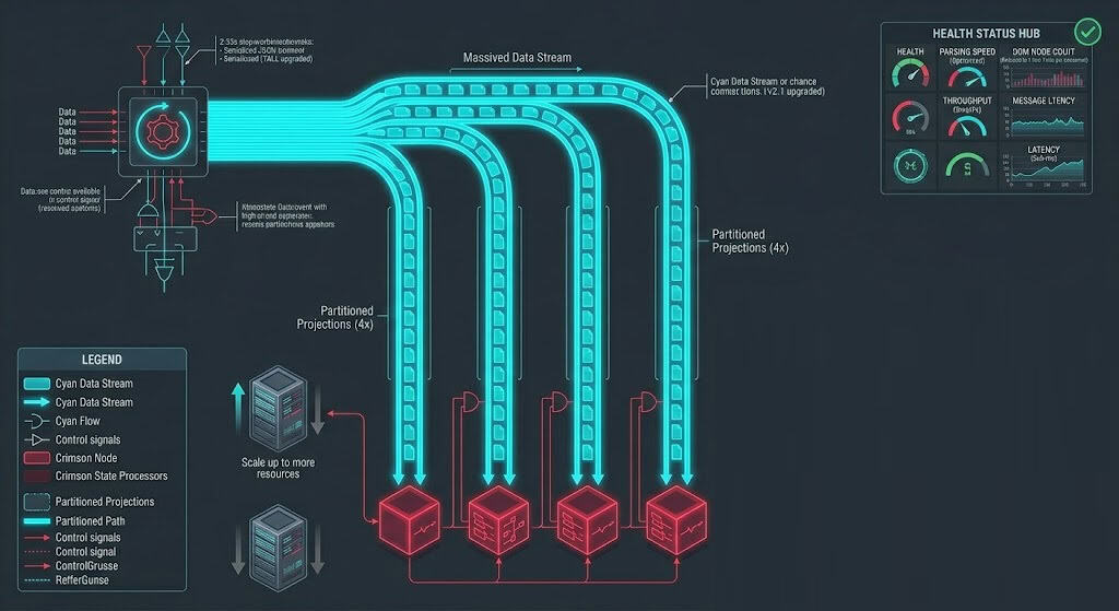 Technical diagram of EventStoreDB asynchronous projection sharding separating massive event streams into parallel worker channels.