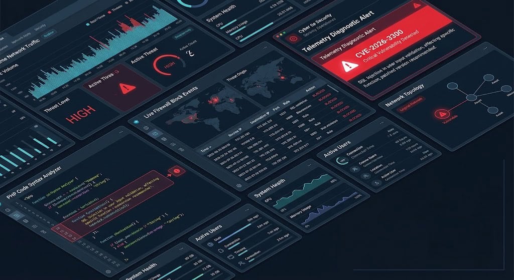 Enterprise cyber security dashboard showing threat detection parameters and remediation steps for the Everest Forms Pro remote code execution vulnerability.