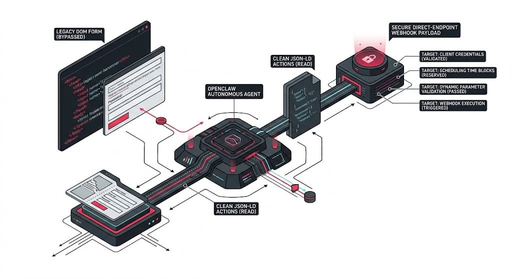 Technical systems schematic displaying how to structure potentialAction schemas and REST endpoints to allow autonomous AI agents to book services directly