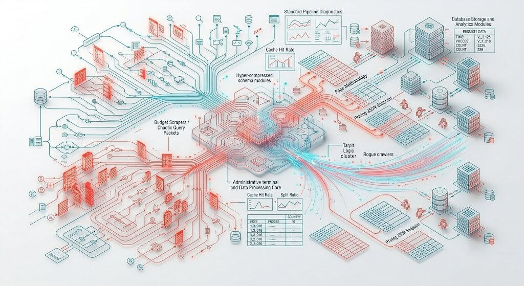 Technical diagram of a server-side database sweep purging robotic AI over-optimization signals and keyword-stuffed post nodes.