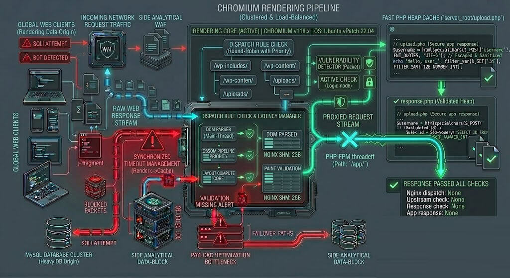 Chromium rendering performance chart visualizing critical path optimizations, DOM depth reductions, and stylesheet parsing stages.