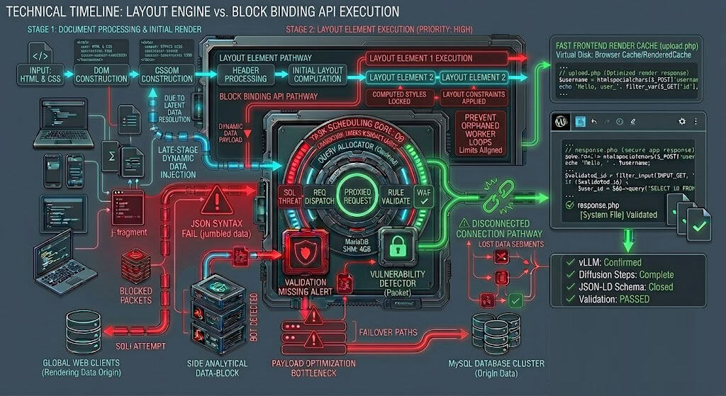 Structural diagram depicting layout engine execution delays, block binding lookup failures, and optimized hook realignment.