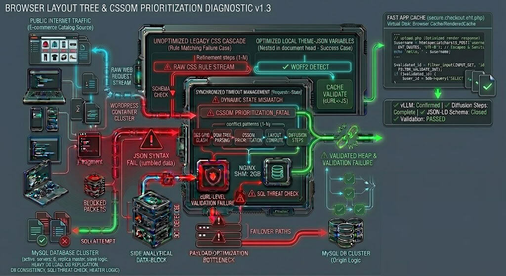 Technical diagram depicting DOM state collisions, execution budget halts, and optimized mobile menu fallback routing.
