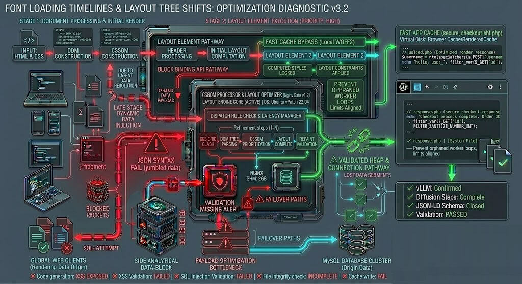 Technical diagram depicting layout recalculation delays, typography double-loading failures, and optimized rendering paths.