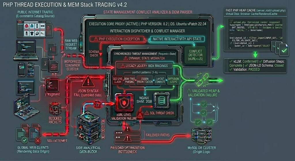 Technical diagram depicting PHP compilation pipelines, class parameter declarations, and dynamic property exception handling loops.