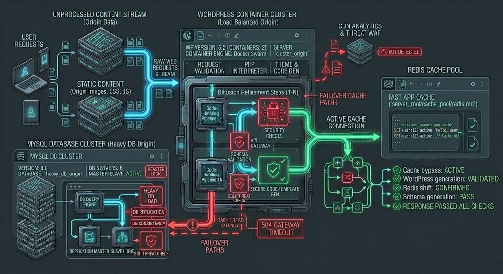 Systems architecture diagram illustrating the mitigation of Redis cache read latency and Nginx 504 gateway timeouts by tuning memory limits and cleaning databases.