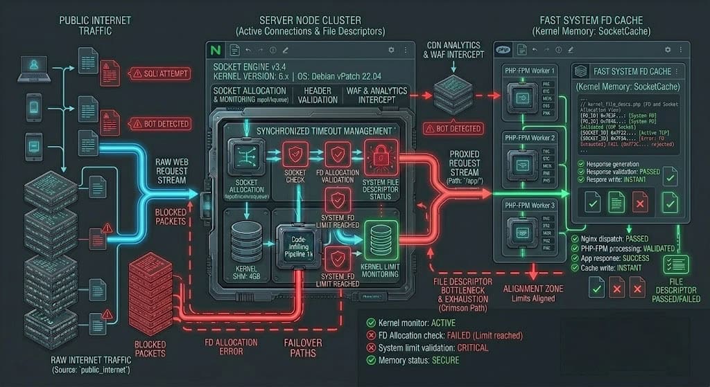 Systems architecture diagram showing the mitigation of 110 connection timeout errors in Nginx by scaling file descriptors and socket backlog queues.