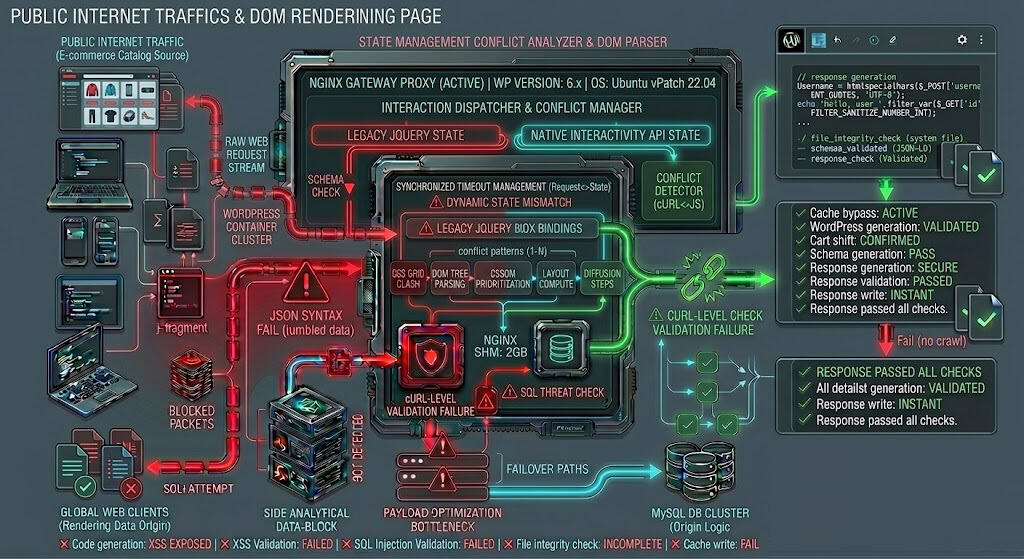 Technical diagram depicting DOM state collisions, execution budget halts, and optimized legacy fallback routing.