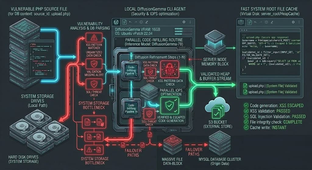 Technical schematic illustrating disk IOPS saturation and PHP-FPM thread blockage during massive WordPress zip operations.